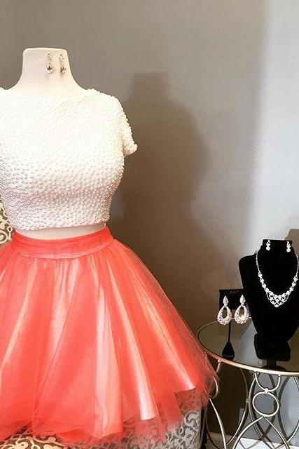 2017 Short Two Piece Homecoming Dress, White And Orange Homecoming Dress, White Pearls Homecoming Dress