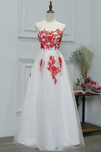 2018 new a line sweetheart sleeveless applique tulle long white prom dresses