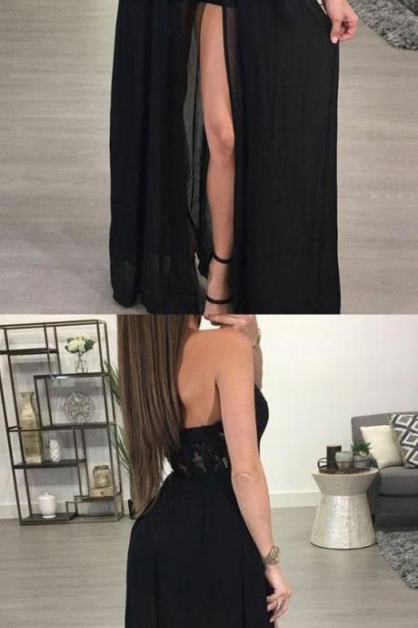 A-line Halter See-through Black Chiffon Sexy Long Prom Dresses