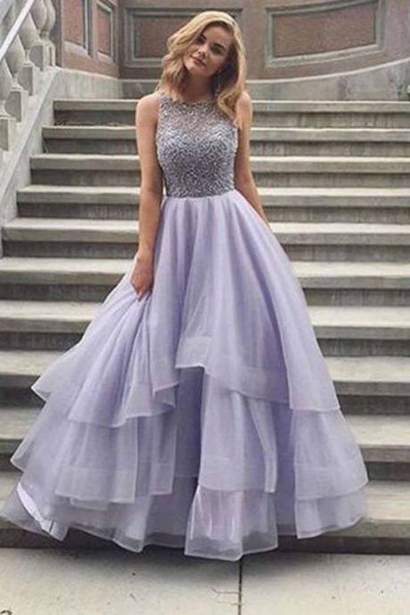 Lavender Tulle Round Neck Lace A-line Long Prom Dresses