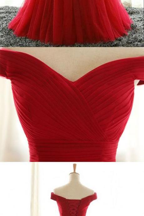 Red A Line Tulle Off Shoulder Long Prom Dress, Red Evening Dress