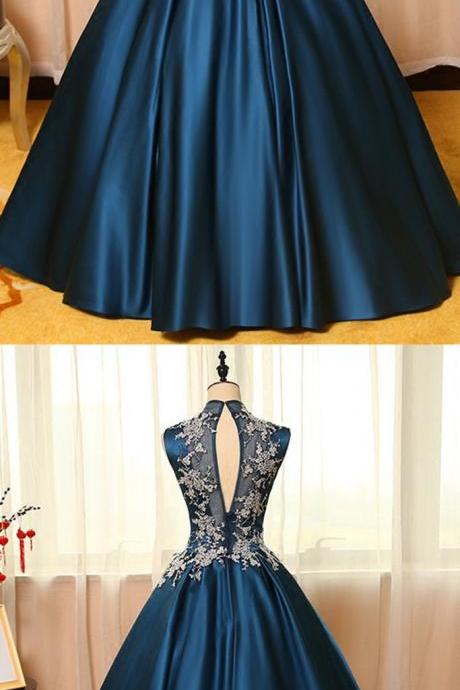 Blue Satins Lace Applique Round Neck See-through A-line Long Prom Dresses,ball Gown Dresses