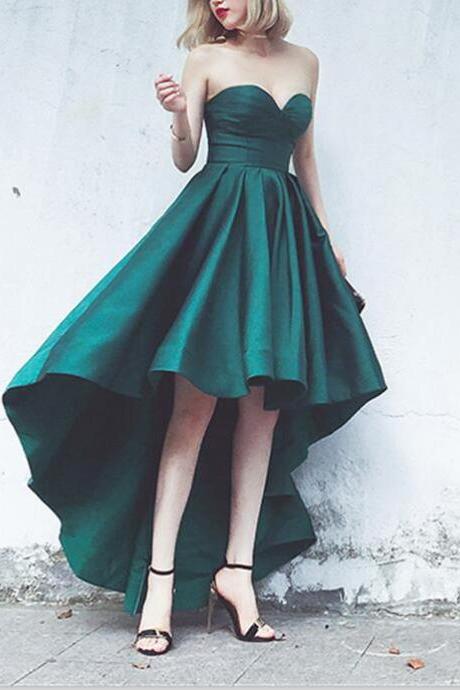 Dark Green Formal Dress Satin Sweetheart Prom Dres High Low Homecoming Dresses