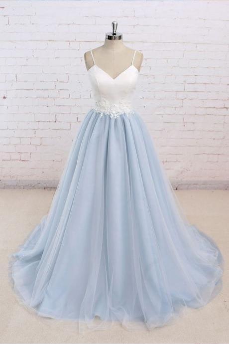 Baby Blue Sweet A line Spaghetti strap Long Simple Flower Lace Prom Dress 