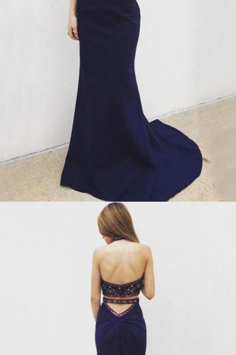 Sexy Two Piece Mermaid Halter Backless Navy Blue Long Prom Dress With Beading Embroidery