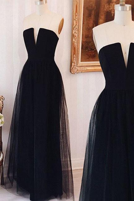 Simple Black A-line Collarless Tulle Long Prom Dress Black Formal Dress