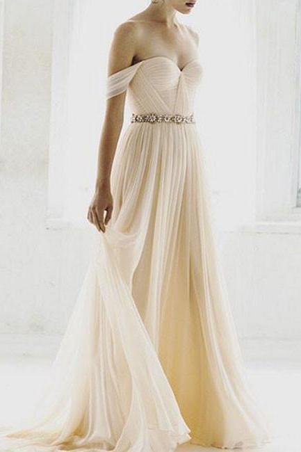 Simple Champagne A Lline Sweetheart Off Shoulder Chiffon Long Prom Dress Bridesmaid Dress