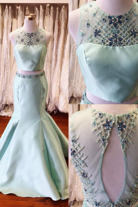 Two Pieces Long Mermaid Satin Prom Dresses For Teens Beading Mint Backless Prom Gowns