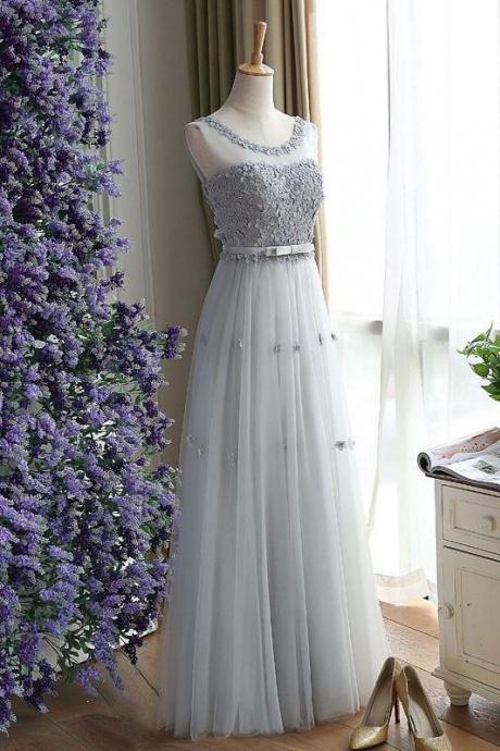Charming Gray Floral A Line Round Neck Sleeveless Lace Tulle Long Prom Dress