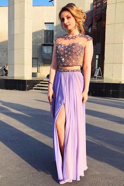 Elegant Purple Two Pieces A-line Round Neck Beaded Long Prom Dress Purple Evening Dress