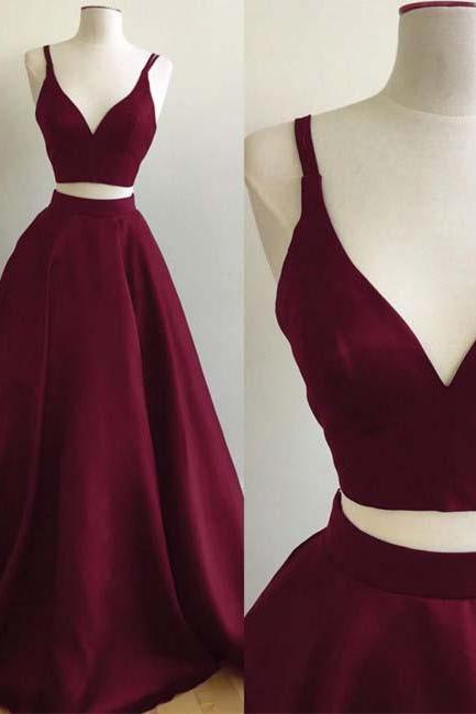 Simple Red And Black A-line V-neck Spaghetti Straps Satin Two Pieces Long Prom Dress