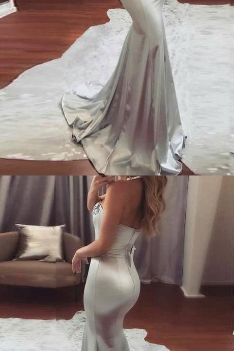 Sexy Mermaid Sweetheart Beaded Satin Sliver Prom Dress Long Prom Dress