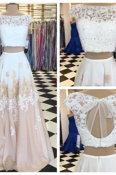 Charming A-line Round Neck Lace Satin Open Back Two Piece Floor Length Long Prom Dress