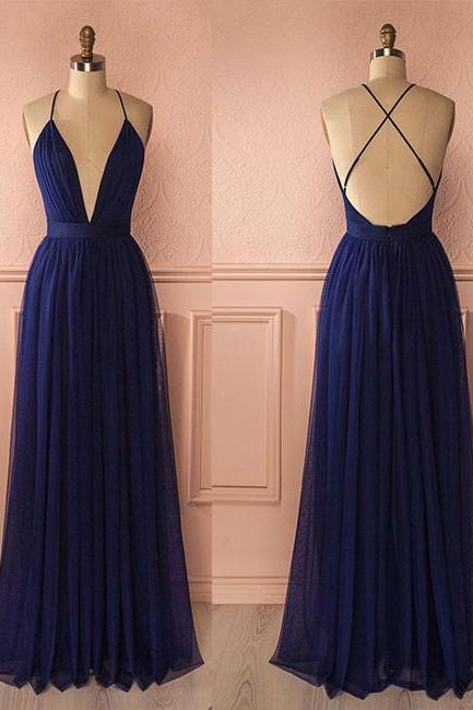 Simple Dark Blue A-line V Neck Tulle Chiffon Long Prom Dress Evening Dress