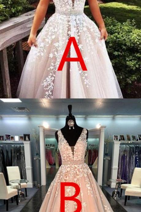 Arrival Pink Prom Dress V Neck Appliques Long Tulle Fomal Party Dress