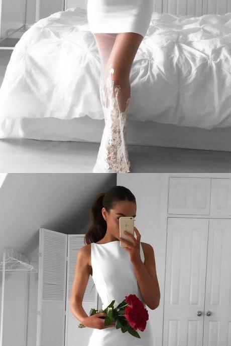 White Mermaid Bateau Floor-Length White Tulle Prom Dress with Appliques