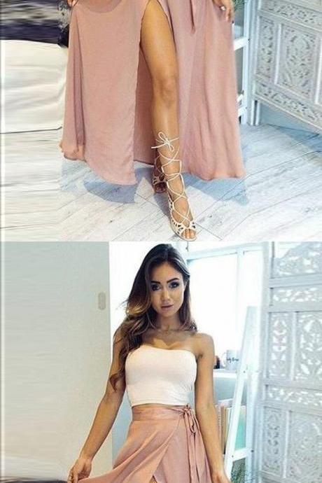 Two Piece Strapless Ankle-length High Split Pink Chiffon Prom Dress