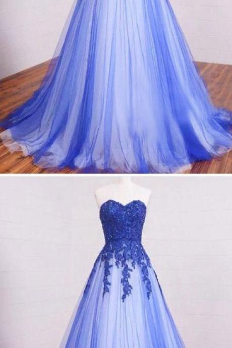 Blue A-line Sweetheart Sleeveless Floor Length Applique Tulle Evening Dress Prom Dresses