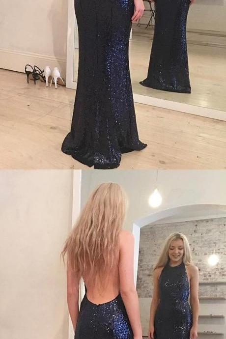 Mermaid Jewel Floor-Length Sleeveless Backless Navy Blue Sequined Prom Dress