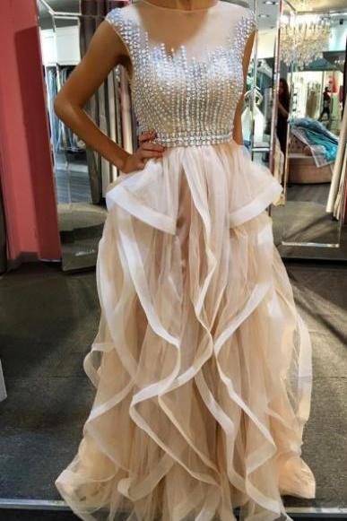 A-line Jewel Floor-length Champagne Tulle Prom Dress With Beading Ruffles
