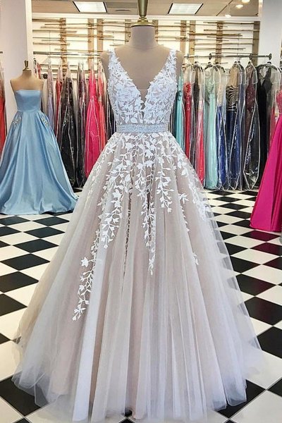 Light champagne V neck A line long lace appliqués bridal dress, formal prom dress with sequins sash