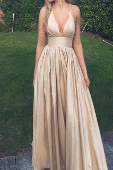 A-line Halter Floor-length Sleeveless Champagne Taffeta Prom Dress With Ruched