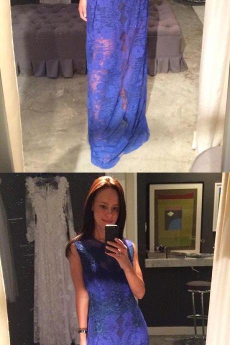 Sheath Jewel Floor-length Sleeveless Royal Blue Lace Prom Dress