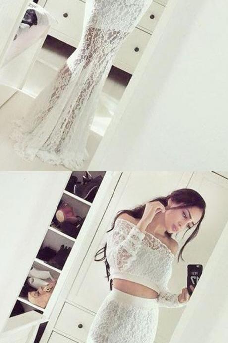 Two Piece Mermaid Off the Shoulder Long Sleeves Lace Prom Dress