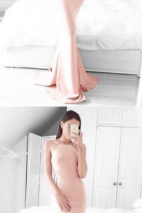 Mermaid Pink Square Sleeveless Sweep Train Prom Dress with Lace