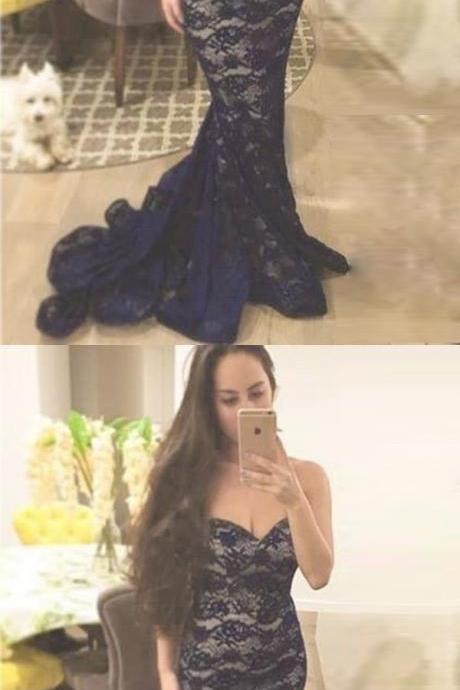 Mermaid Navy Blue Lace Sweetheart Sweep Train Sleeveless Prom Dress
