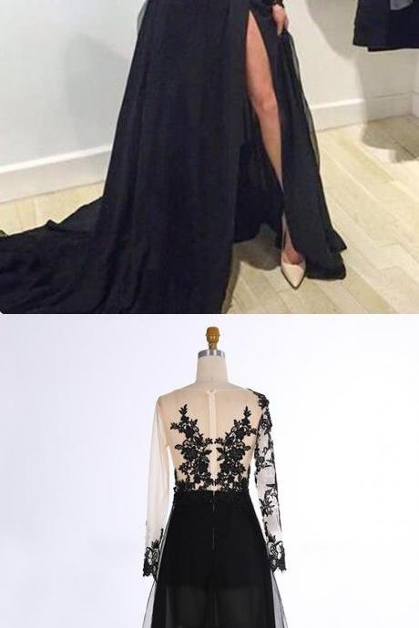 A-Line V-Neck Sweep Train Long Sleeves Split-Side Black Prom Dress with Appliques