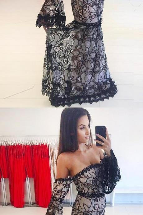 Mermaid Black Long Sleeves Lace Off the Shoulder Sweep Train Prom Dress