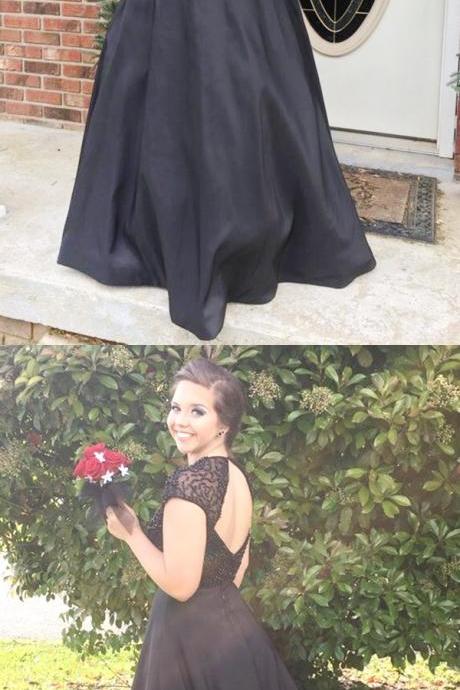 Two Piece Black Open Back Beading Jewel Cap Sleeves Sweep Train Prom Dress