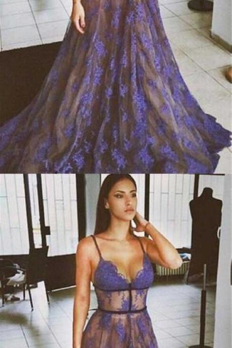 Purple Lace Prom Dresses Spaghettis Straps Nude Lining Long Sexy Evening Gowns