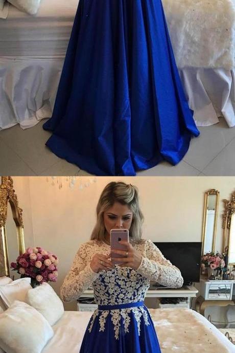 Blue Satins Lace Long Sleeves Round Neck Long Prom Dress