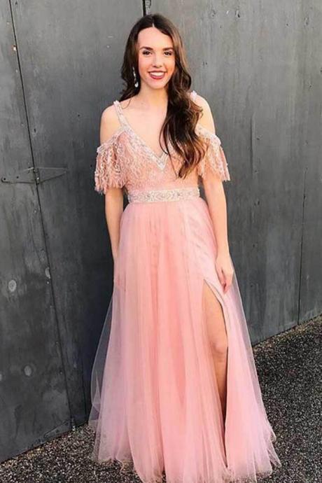 Pretty Tulle Lace V-neck Slit Off-shoulder Long Dress