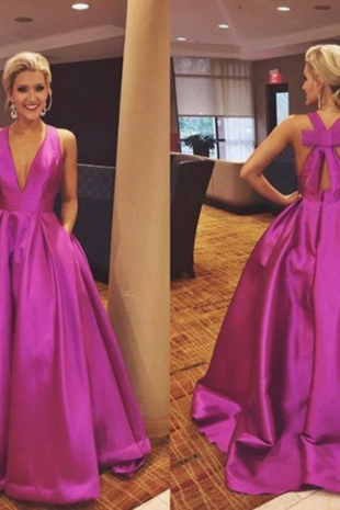 Cute A-line V Neck Satin Hot Pink Long Prom Dress with Ribbon