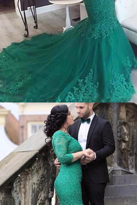 Mermaid Long Sleeves V-neck Appliques Beading Lace-up Green Prom Dress