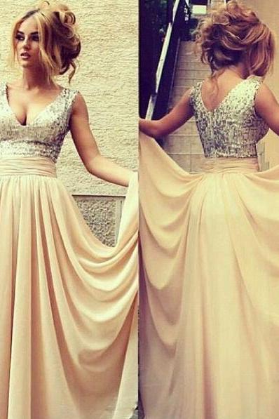 V-neck Prom Dress with All over Beaded Bodice, Champagne V-back Prom Dresses, Chiffon Prom Dress with Belt