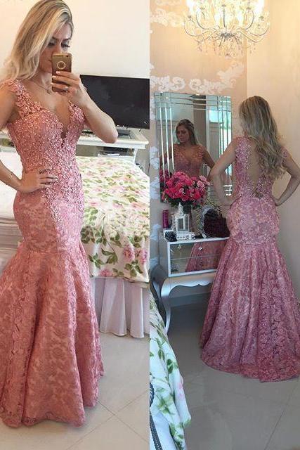 Gorgeous Pink Lace Prom Dresses, V-neck Mermaid Prom Dress, Mermaid Evening Dress with Beaded Lace Appliques