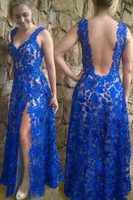 Dramatic V-Neck Floor-Length Split Front Blue Backless Prom Dress with Lace