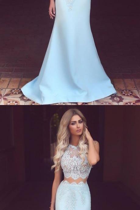 Two Piece Mermaid Jewel Sweep Train Light Blue Prom Dress with Lace