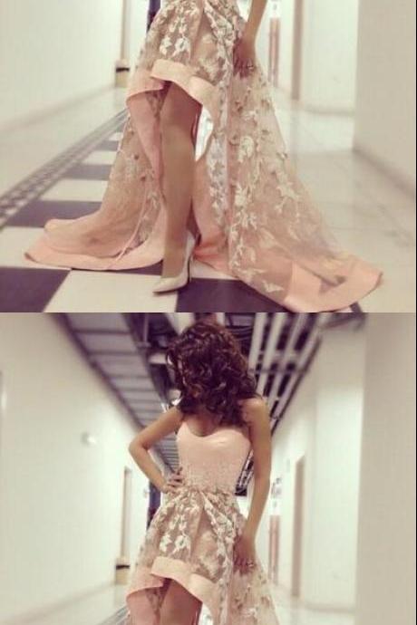 Charming Strapless Sweetheart Lace High Low Appliques A-line Tulle Prom Dresses