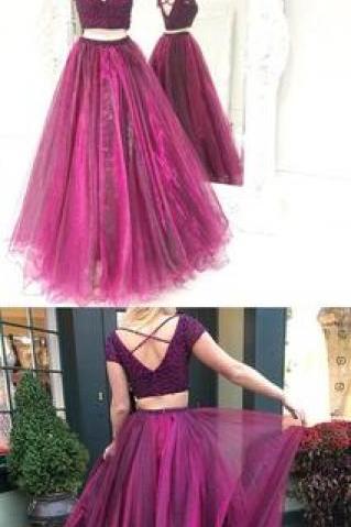 Two Piece Prom Dress,Tulle Beaded Prom Dresses,Long Prom Dress,Evening Dress