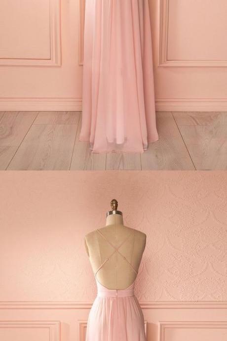 Simple Pink A-line Spaghetti Straps Long Prom Dress