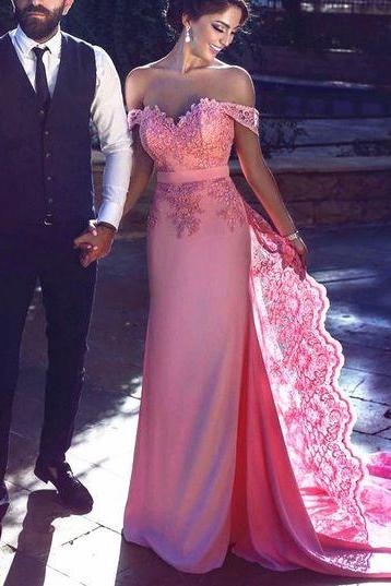 New Arrival Mermaid Off Shoulder Pink Lace Long Prom Evening Dress