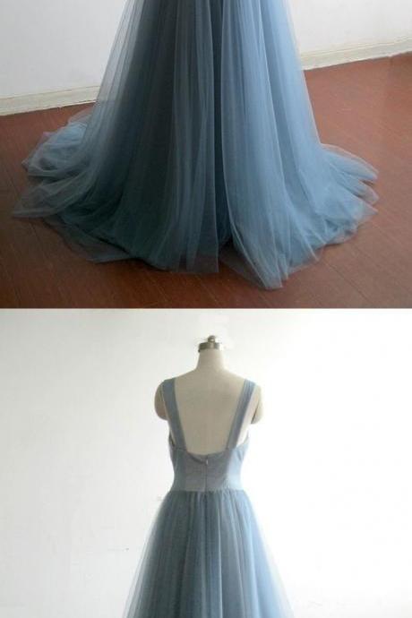  SIMPLE GRAY BLUE TULLE LONG PROM DRESS, EVENING DRESS