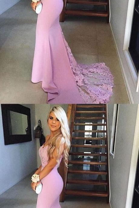 Sexy Prom Dress Speghetti Straps Pink Lace Appliques Popular Bridesmaids Dresses