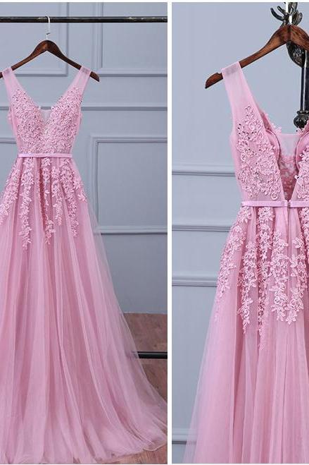 Lace Appliqued Tulle Long Prom Dresses Sexy V-neck Woman's Evening Dresses Elegant Formal Dresses For Weddings Pink Long Bridesmaid