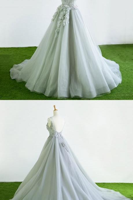 Gray Tulle Court Train Winter Formal Prom Dress, Halter 3d Flower Evening Dress